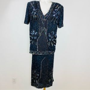 GOLD STAR BLACK BEADED SKIRT AND BLOUSE OUTFIT VINTAGE